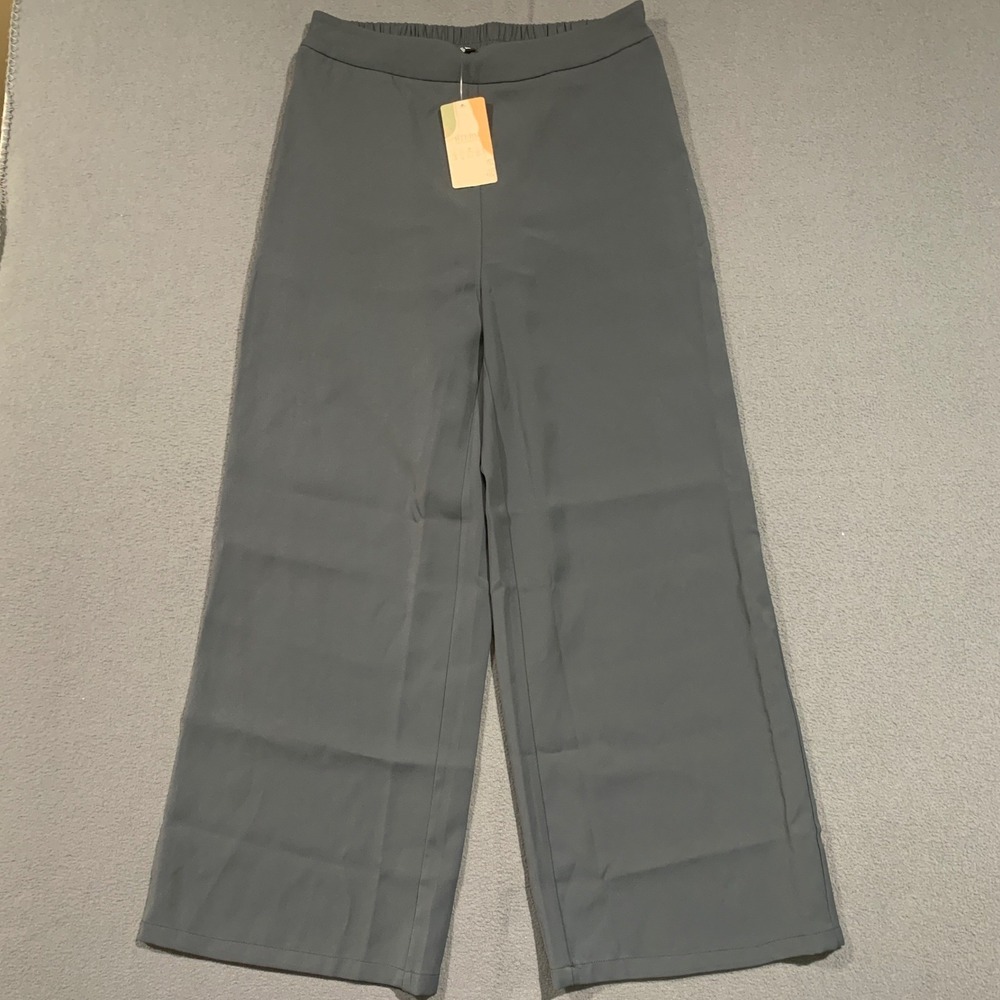 New BTFBM Womens High Waist Wide Leg Trousers‎ Dark Gray Elastic Back Size 12